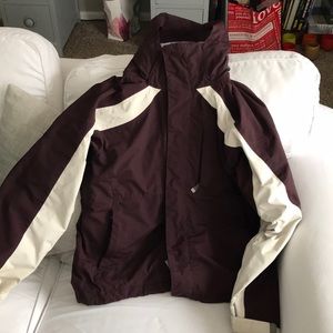 Purple and white ski jacket
